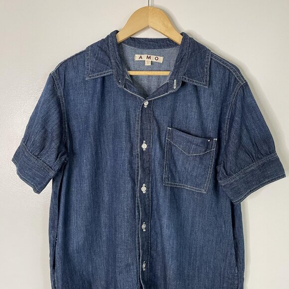 AMO Shirt Dress Womens Small Blue Denim Jean Button Short Sleeve USA Pockets - Picture 2 of 10